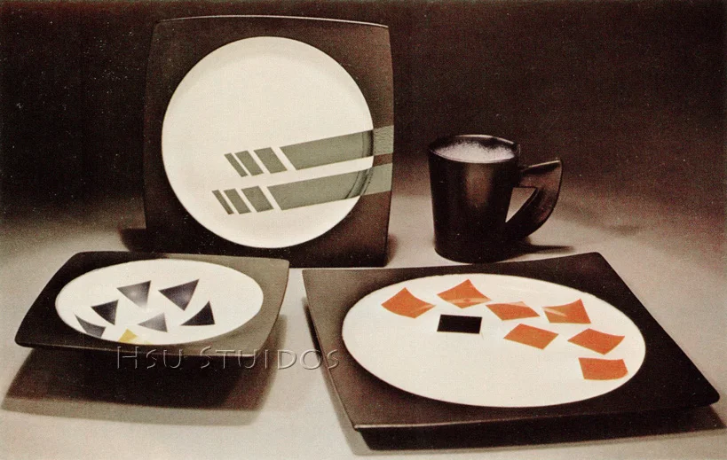 Dinnerware: White stoneware with overglaze. c 1984 +