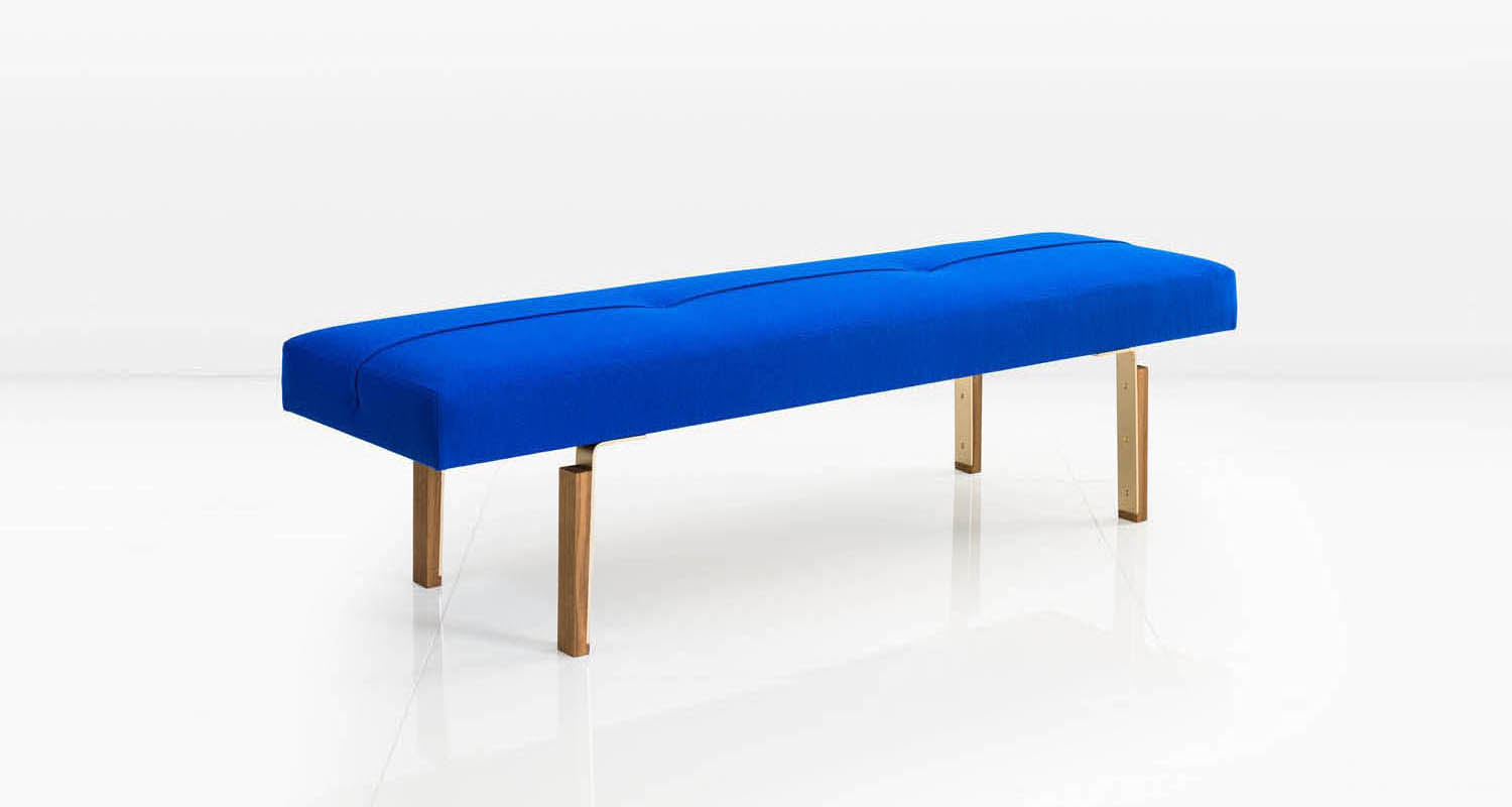 Cobalt wool fabric with Fumed White Oak blocks.