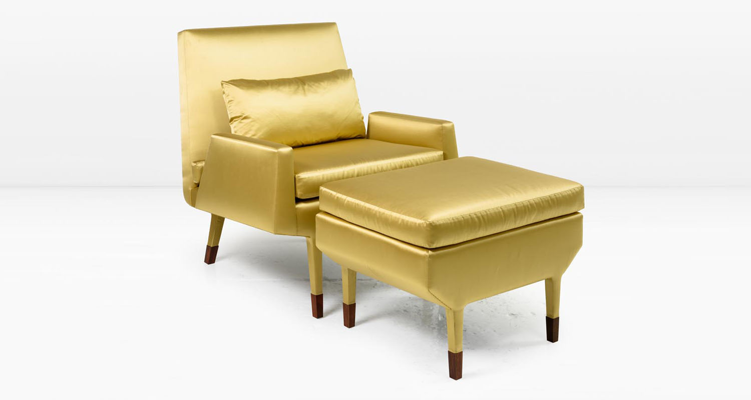  Angott Club Chair with Optional Ottoman and Bolster Pillow in gold Silk &amp; Cotton Satin 