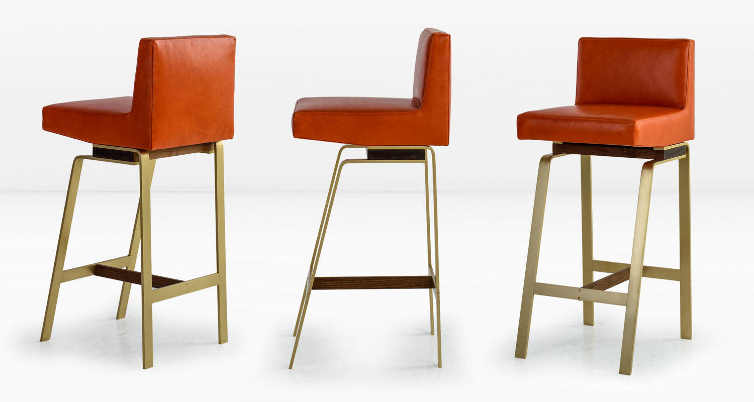 Solid Brass base with American Black Walnut and Tomato leather seat