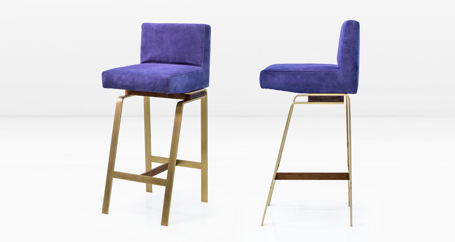 Solid Brass base with American Black Walnut and Indigo suede seat