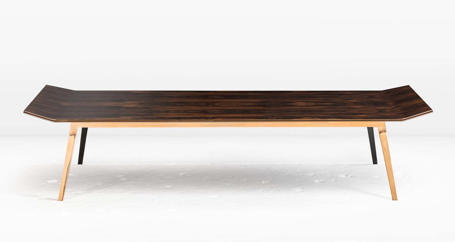 Polished Silicon Bronze with a patinated interior edge and polished Ziricote top