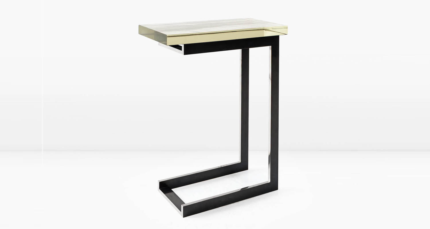 Silvered Borosilicate glass top and deeply patinated, Nickel base with polished edges