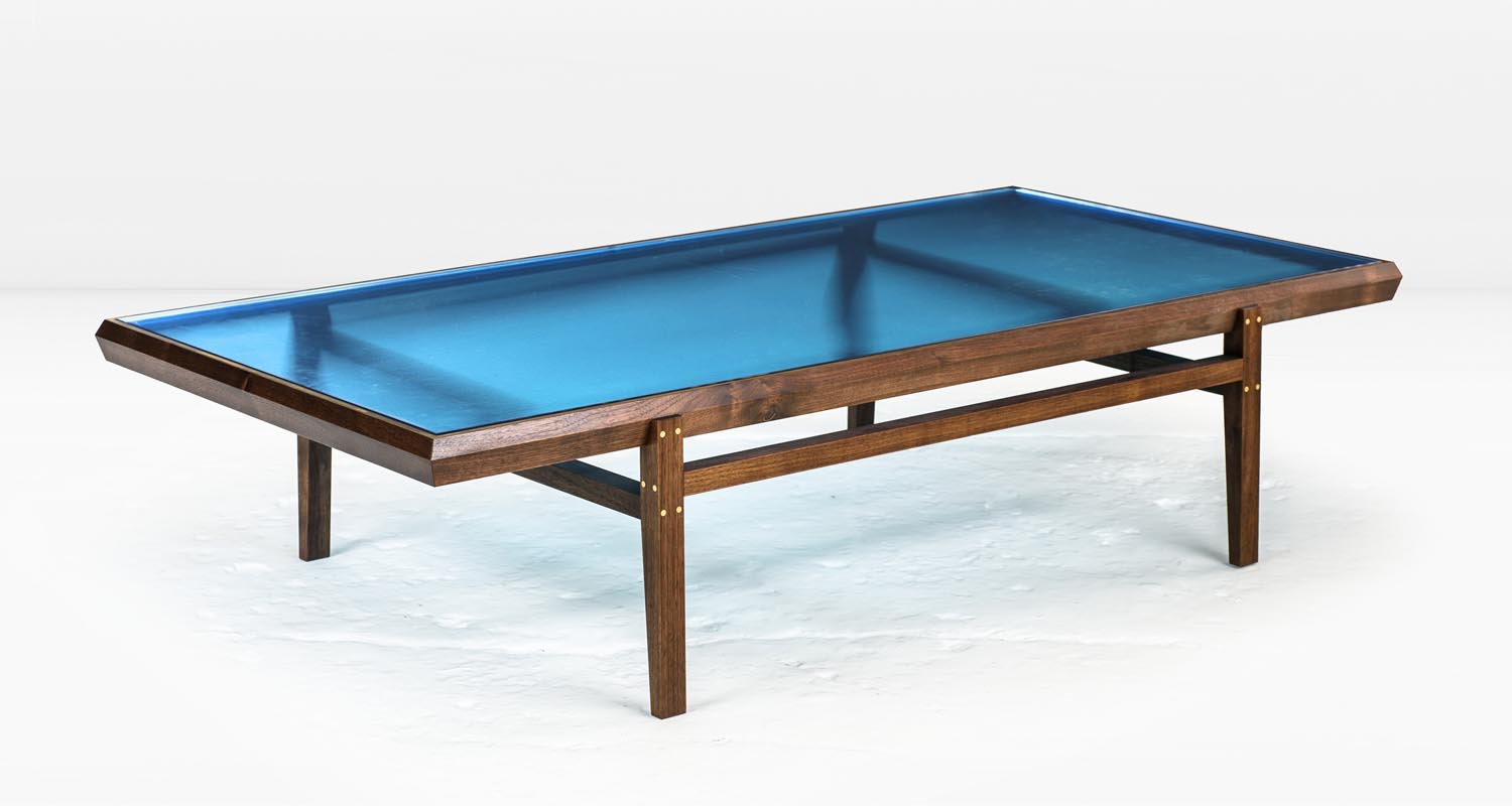  Solid American Black Walnut frame with Brass inlay and  Ice Blue  glass top 