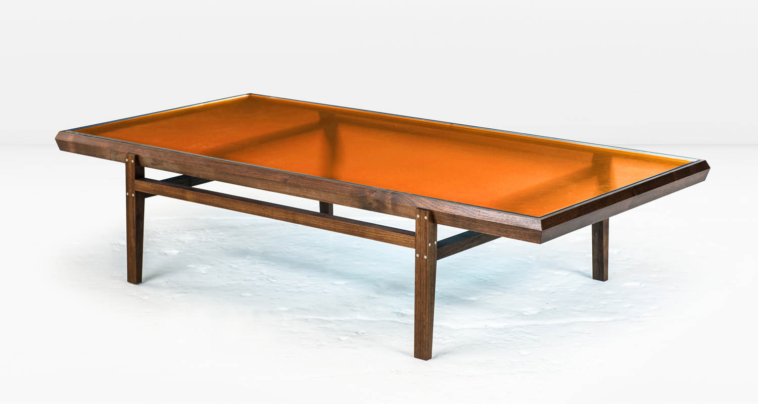  Solid American Black Walnut frame with Stainless Steel inlay and  Golden Amber  glass top 