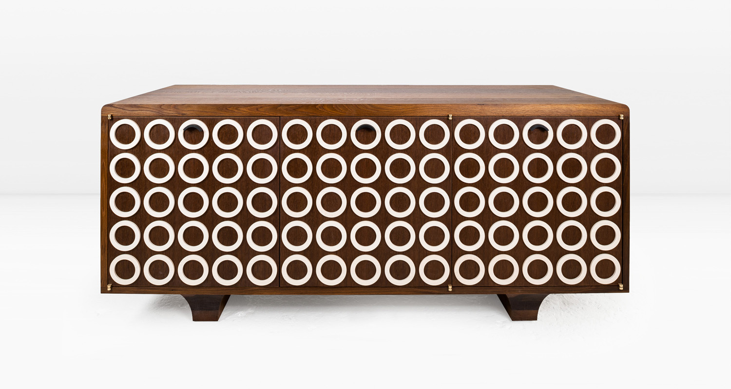 Front of cabinet with English Sycamore rings, Ebony pulls & custom milled Silicon Bronze hinges