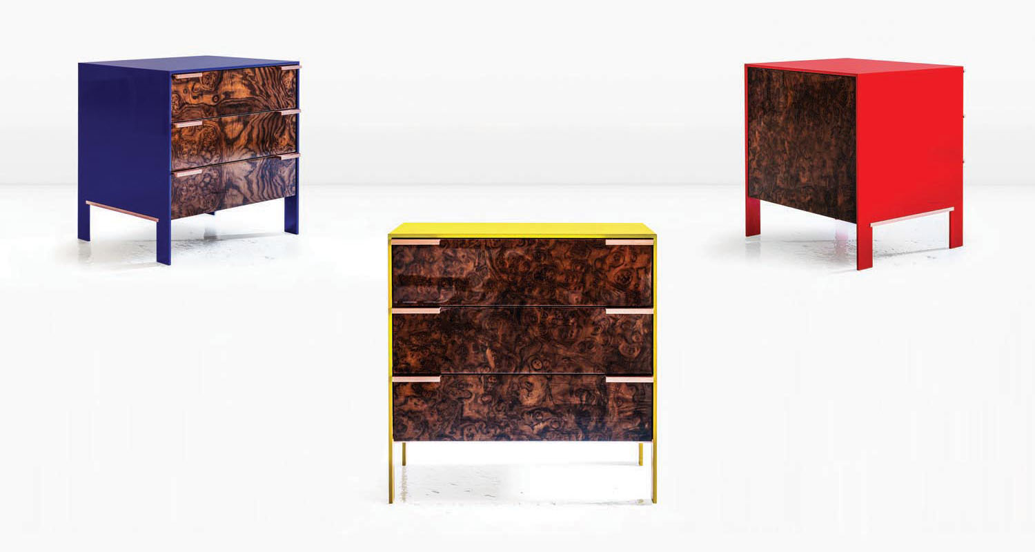 Walnut Burl veneer with milled Copper pulls and various body colors