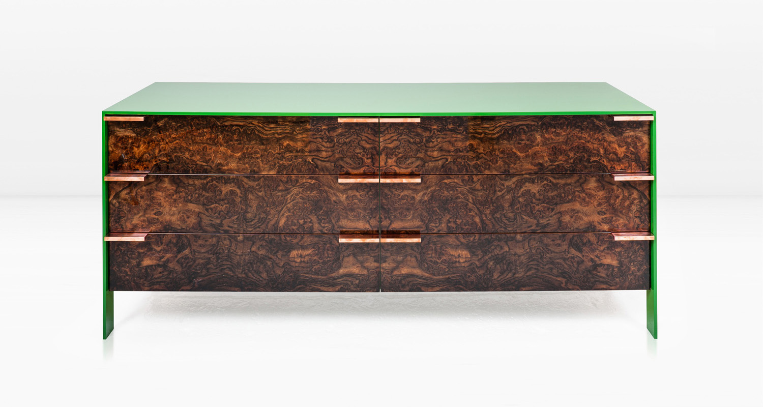 Walnut Burl veneer with milled Copper pulls