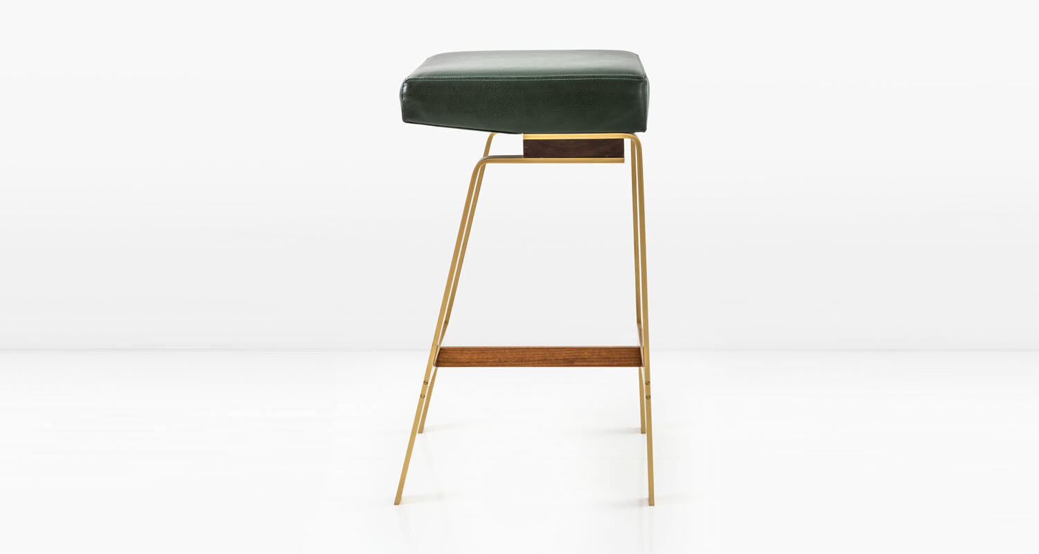  Solid Brass base with American Black Walnut &amp; green leather seat 