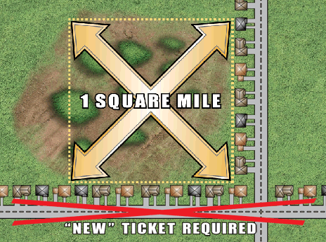 One locate ticket may cover an area of undeveloped land of no more than one square mile. The boundaries of the work area MUST be described on the ticket. This ticket may also include work on any single street or right-of-way bordering the area of undeveloped land. Work on an additional bordering street or right-of-way requires a separate ticket.