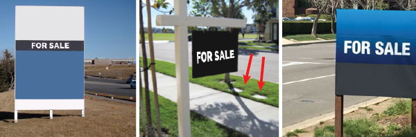 Examples of signs placed in utility easement. You can see permanent markers for buried utilities in the middle photo.