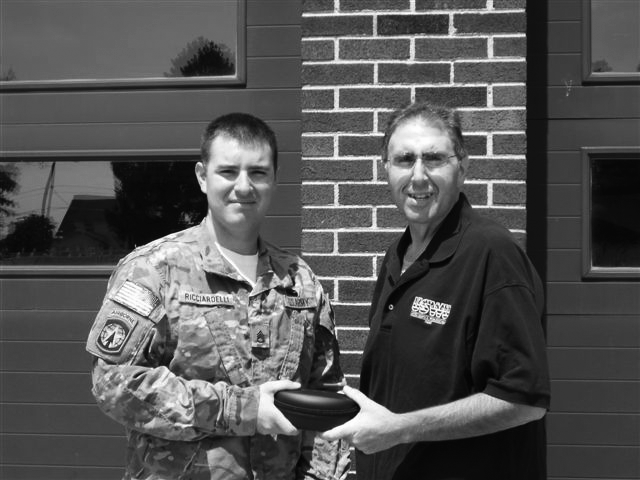 USWU Local 455 Executive Board Member Mike Ricciardelli presented his nephew, Staff Sergeant Stephen Ricciardelli, Army 21st Military Police Company, deployed to Warded Afghanistan as part of a security transition team, with the ESS Interchangeable Component Eyeshields.