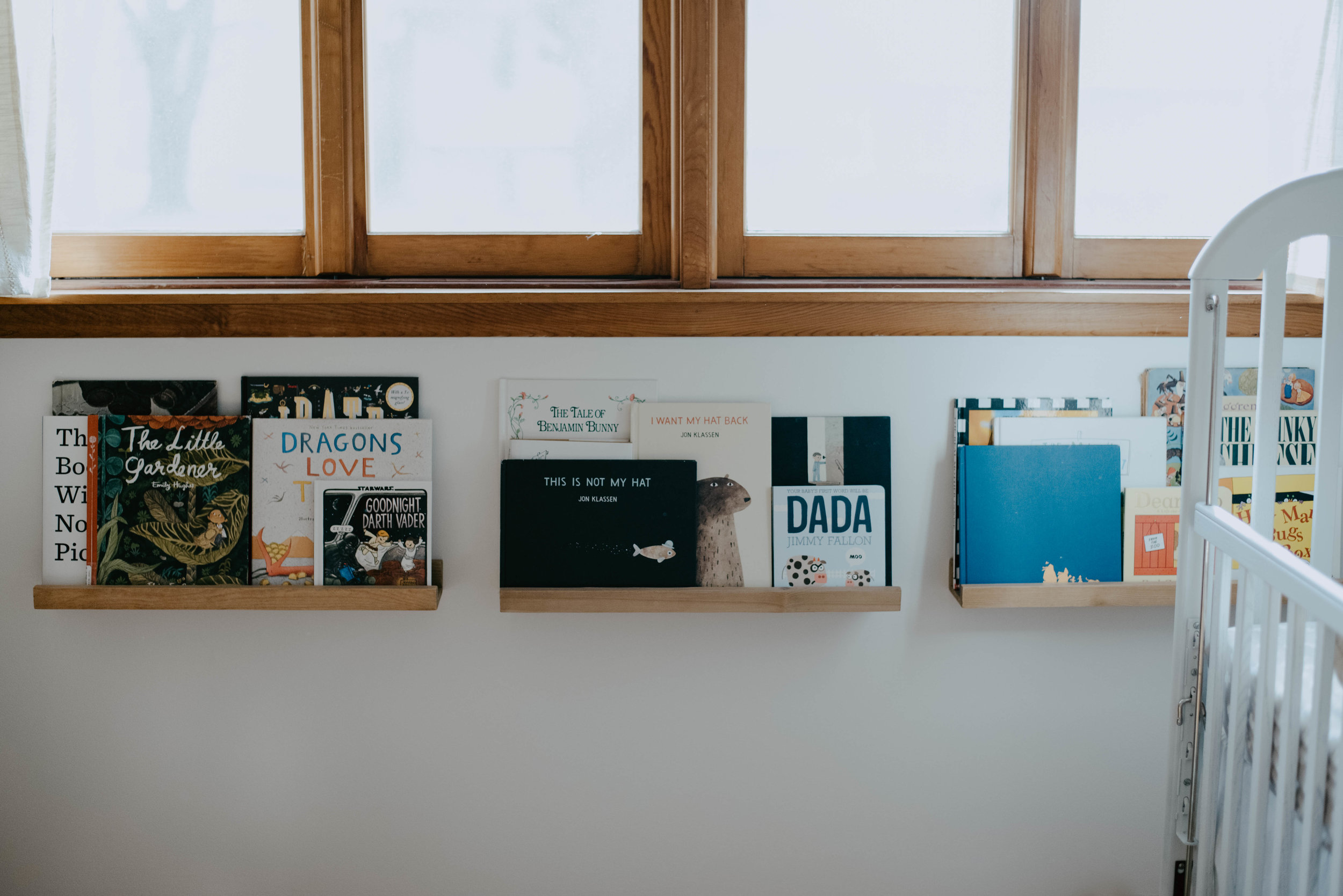  I knew for sure that I wanted some kind of storage to show off our current favorite books as they change! The rest are in a large metal basket on the floor. His room isn’t huge by any means, so shelves seemed to be the most practical. There was so m