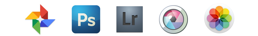 Left to right: Google Photos, Adobe Photoshop, Adobe Lightroom, Pixlr, and Apple's iPhoto