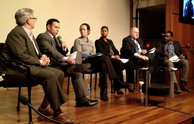 The panel left to right: Jennifer Ho (Senior Advisor on Housing and Services, Department of Housing and Urban Development), Joaquin Tamayo (Office of Elementary and Secondary Education, Department of Education), Jasmine Hayes (Policy Director, U.S. Interagency Council on Homelessness), Sanzanna Dean (Senior Policy Advisor, Office of Juvenile Justice and Delinquency Program, Department of Justice) and Mark Greenberg (Assistant Secretary, Administration for Children & Families, Department of Health and Human Services) and moderator Terrance F. Ross, an editorial fellow at The Atlantic.