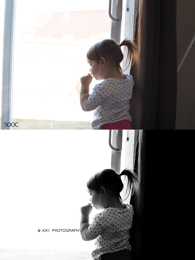 I decided to convert this one to a deep black and white for more of a moody/dramatic feel. I now feel that the focus is more on her as opposed to being distracted by the mix of colour and objects in the back. 