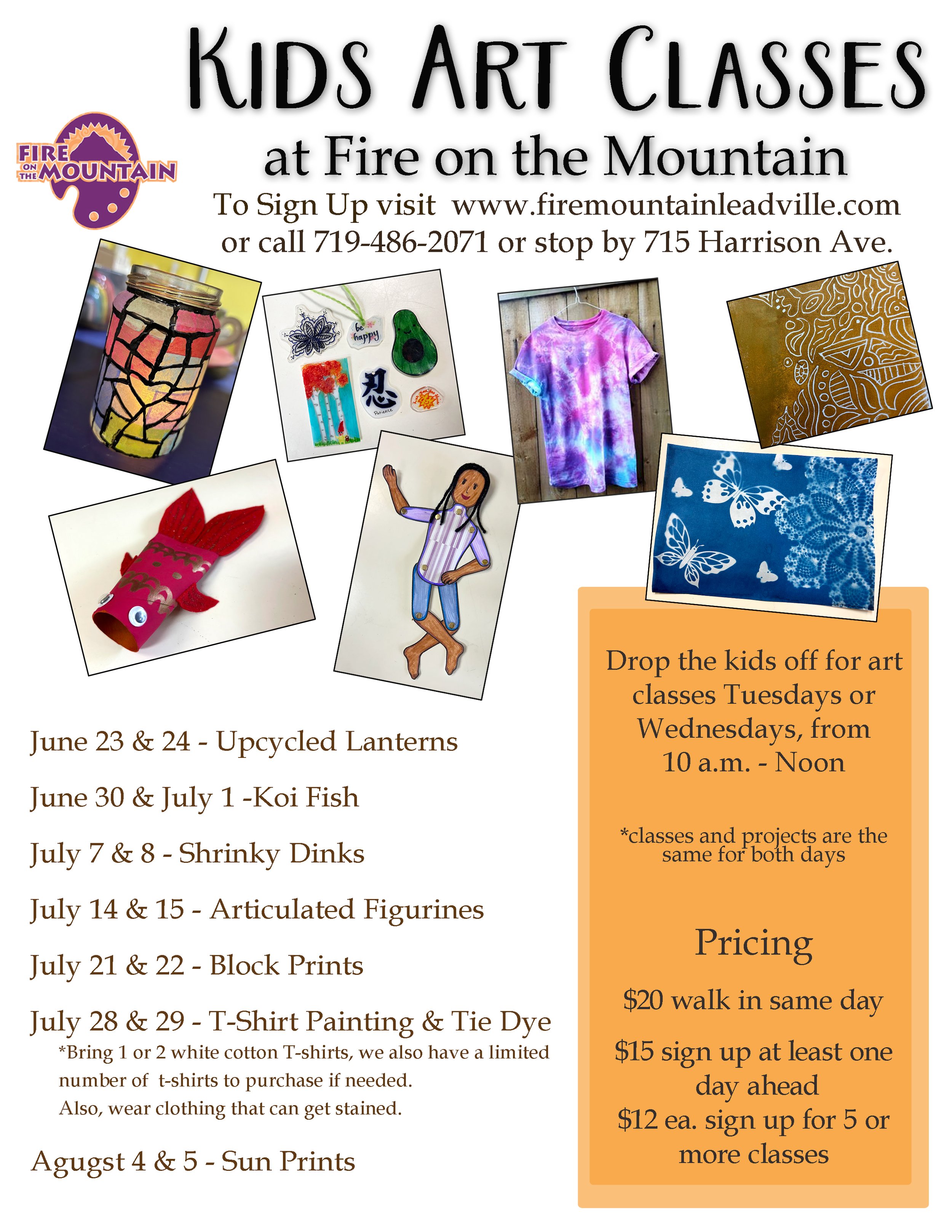 Poster for kids art classes at Fire on the Mountain. Shows photos of painted lanterns, a painted rock, and children’s artwork, with dates and details for each themed class, along with pricing and registration information.