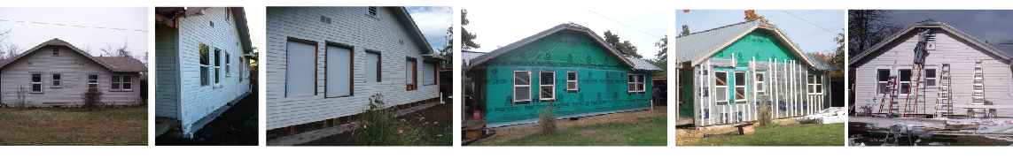 The east facade over the years showing original condition (far left), moisture barrier (center), additional rigid insulation, and new cedar siding (far right).