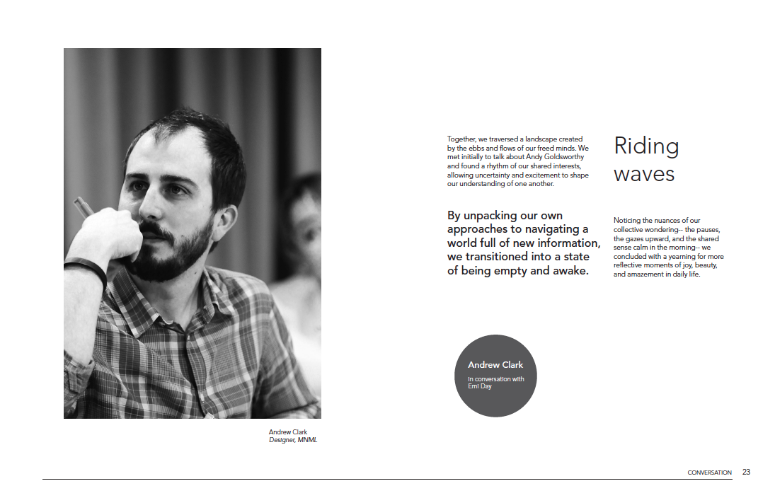An invitation into an illustrated conversation with Andrew Clark, Designer at MNML (Adobe InDesign)