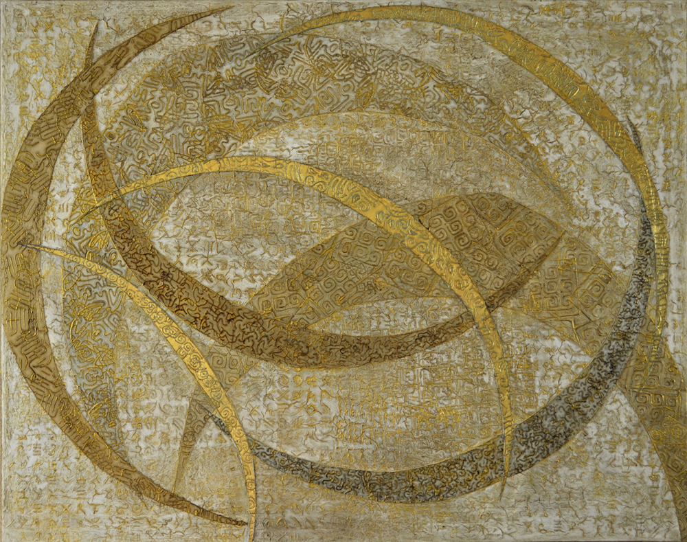 Crescent Moons in a Driftwood Sky 48" W x 38" H x 2" D Acrylic, oil & 23K gold leaf on archival board