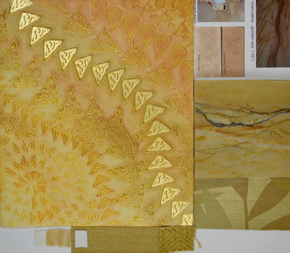All of my commissions evolve through a collaborative process, refined during my days as an art director in Hollywood where I regularly solved creative problems. For current commissions, I always start with in-depth research and then progress to drafts, which are collaborative iterations with designers and other clients. Scale is integral to my paintings, so determining it becomes a meticulous part of the process. I often photoshop a comparable piece into a picture of the prospective space, until the dimensions are known. Then, studying color samples, swatches, finishes -- whatever I can mine from the actual space -- I create a color board in the textures and forms of the final artwork. I am naturally a collaborator and this shared process regularly inspires me. Like the strongest solos in famed musicals, my commissioned works become more than background sounds. They become robust focal points of meaning and beauty for my clients. To see more of these from other commissions please see the' custom composites' page under the 'installations' heading drop down.