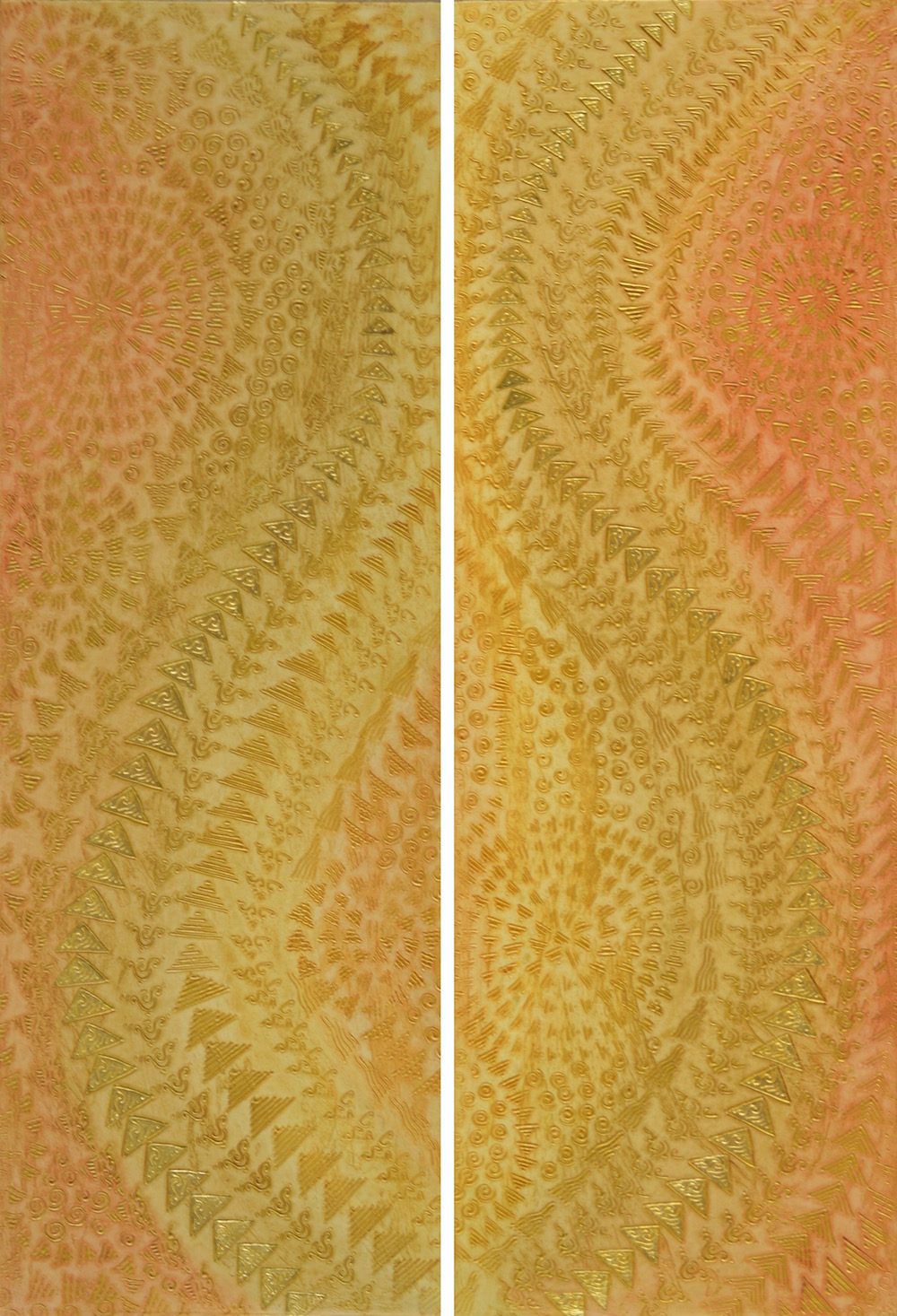 The final paintings, a diptych, Blessings of a Golden Rose 1 & 2 @ 17" W x 50" H x 2" D for a 'his & her' master bathroom in a Four Seasons Hualalai residence on the Big Island of Hawai'i. Each painting was installed on opposite sides of the bathroom but from the entry and in the huge mirrors over the sinks it was possible to see both paintings at the same time and so the textures had to work together to move in a complimentary pattern.
