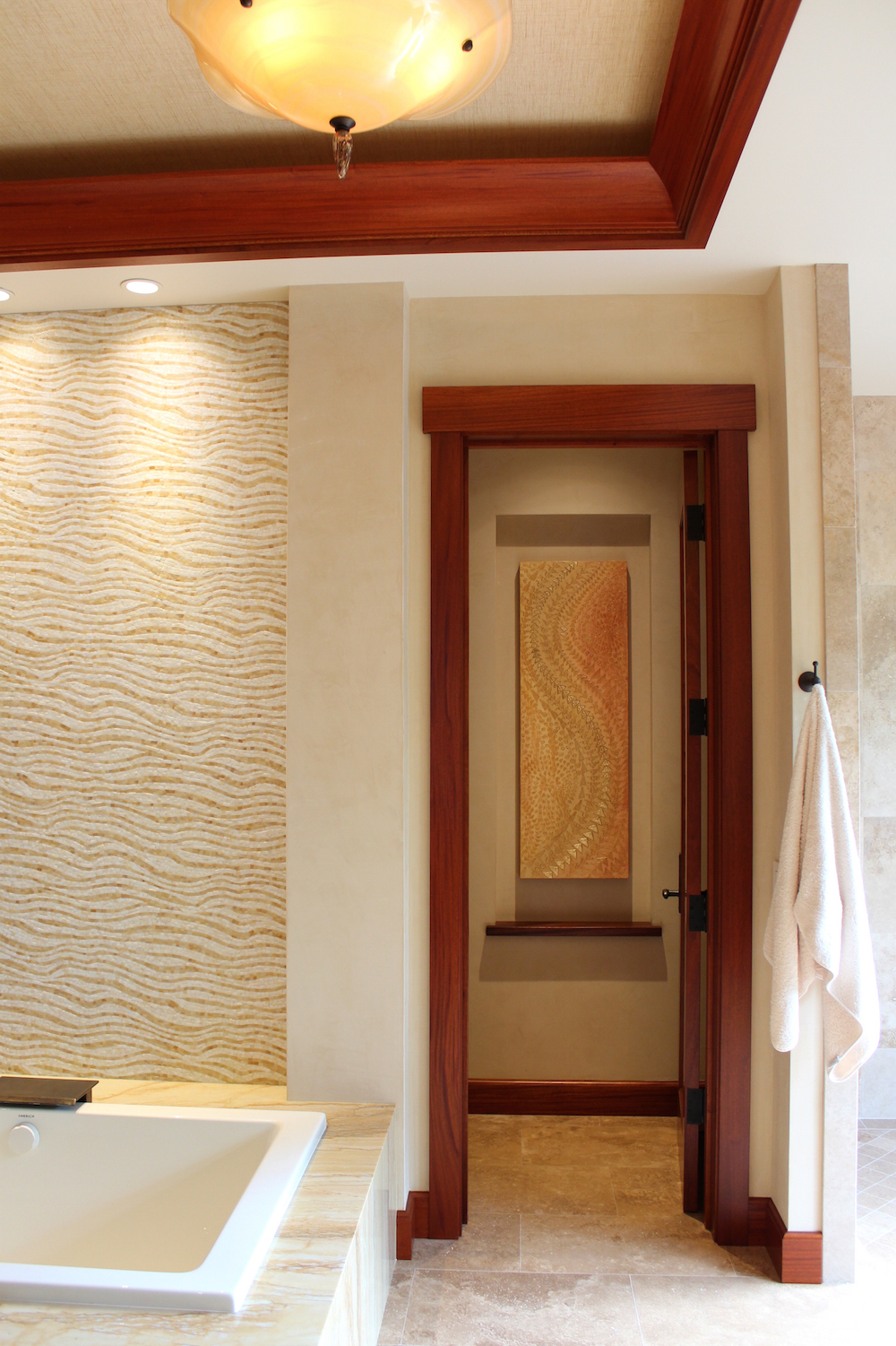 Blessings of a Golden Rose # 2 hangs to the right of the master bathtub and to the left of the garden shower beyond. I am honored to say that this is my second commission for these clients, the first being a large diptych in the living room of their prior home. Most of the commissions listed on my commission page have repeat performances and I am proud of that as my clients are connoisseurs.