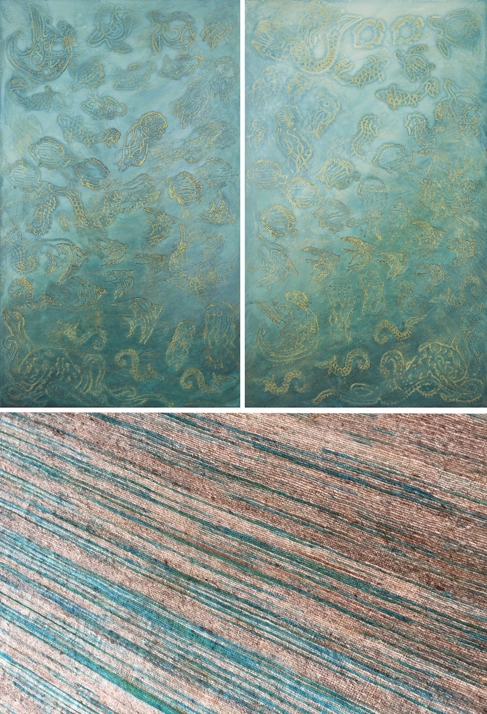 The Secret Life of Uluweuweu Bay 1 & 2 @ 25⅞" W x 42⅞" H - carpet sample below (see installation images & multiples pages under the Paintings drop down for more.)