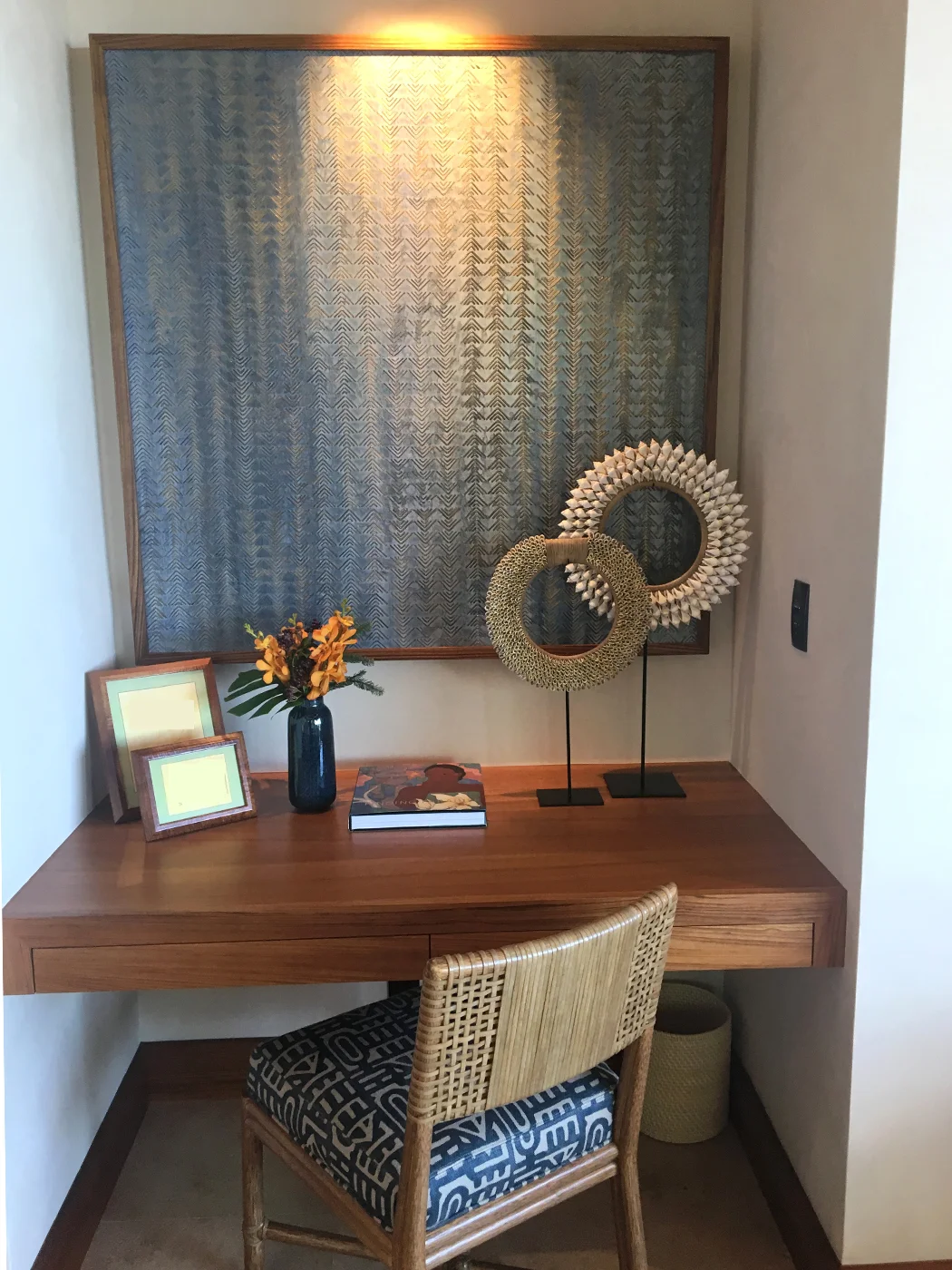 Bedroom above - writing alcove - Kūki'o Blues framed in teak.