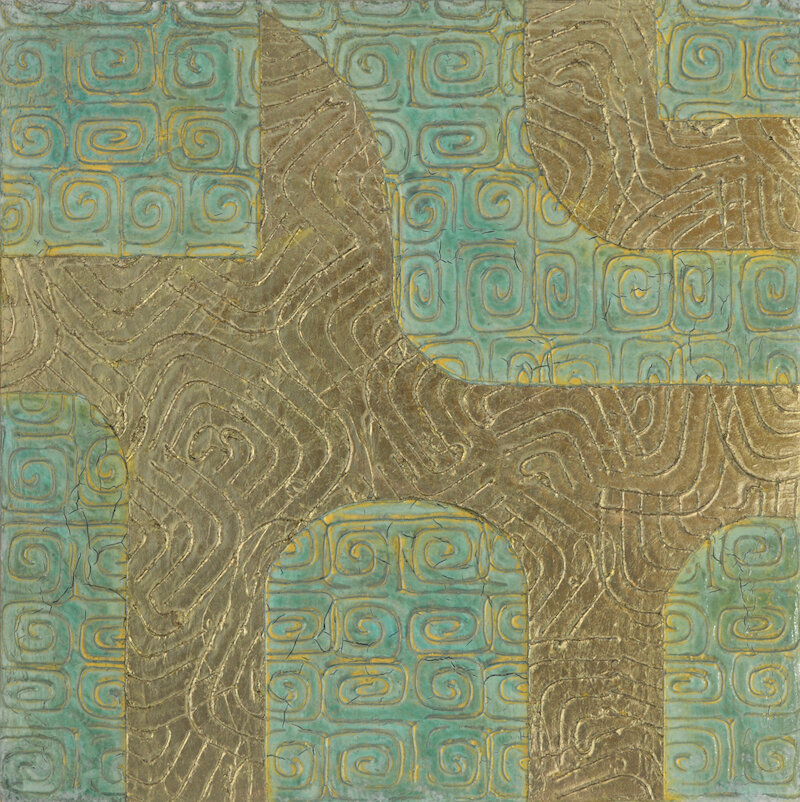 Wai Tai (water) # 3 of 3 @ 12%22 x 12%22 x 2%22 Acrylic, oil and blue:green gold leaf on archival board.jpg