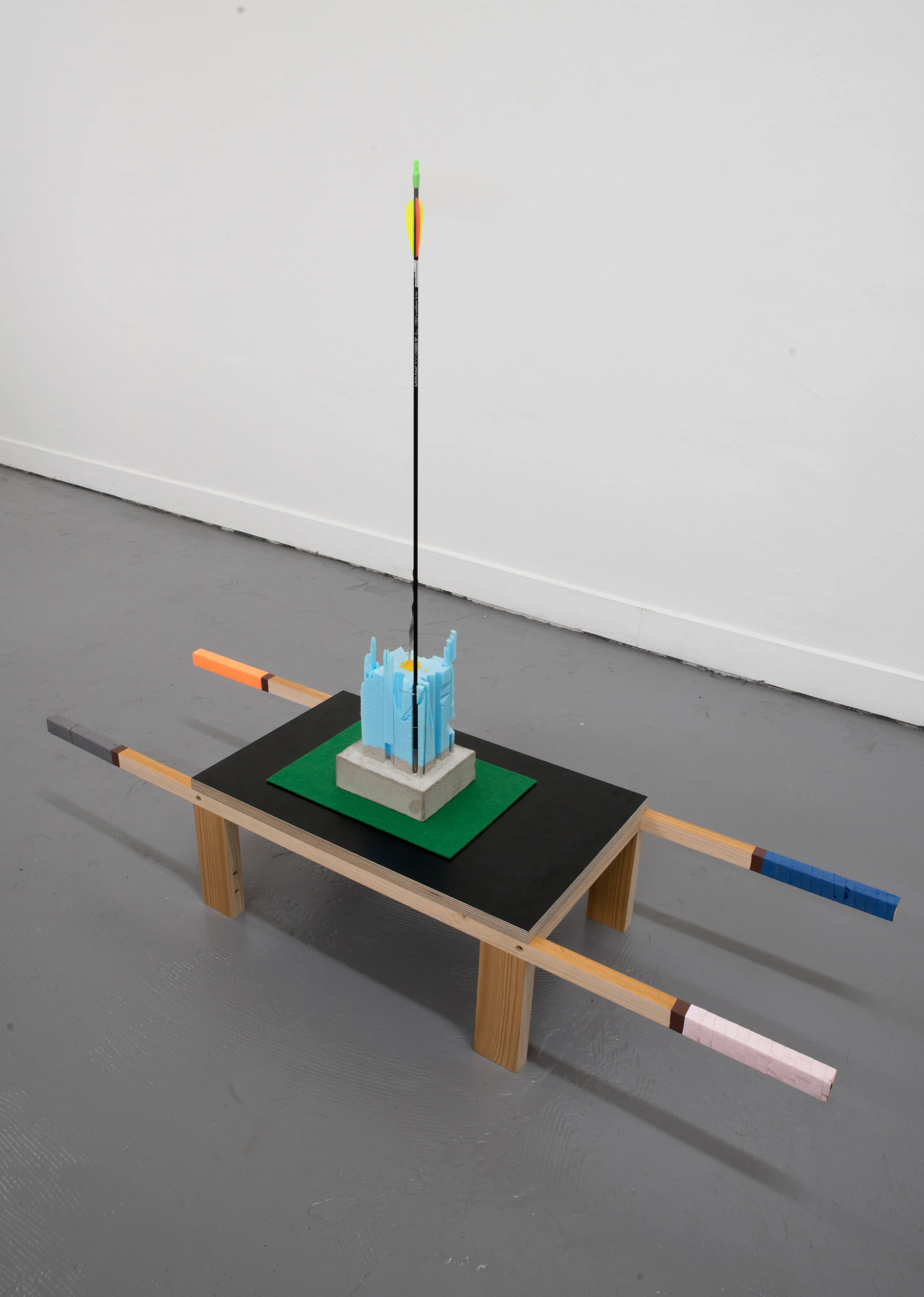 Civilization # 3, 2017 90 x 110 x 32 cm Sculpture. Concreate, foam, felt, pins, acrylic, arrow, grip and recycled wood 