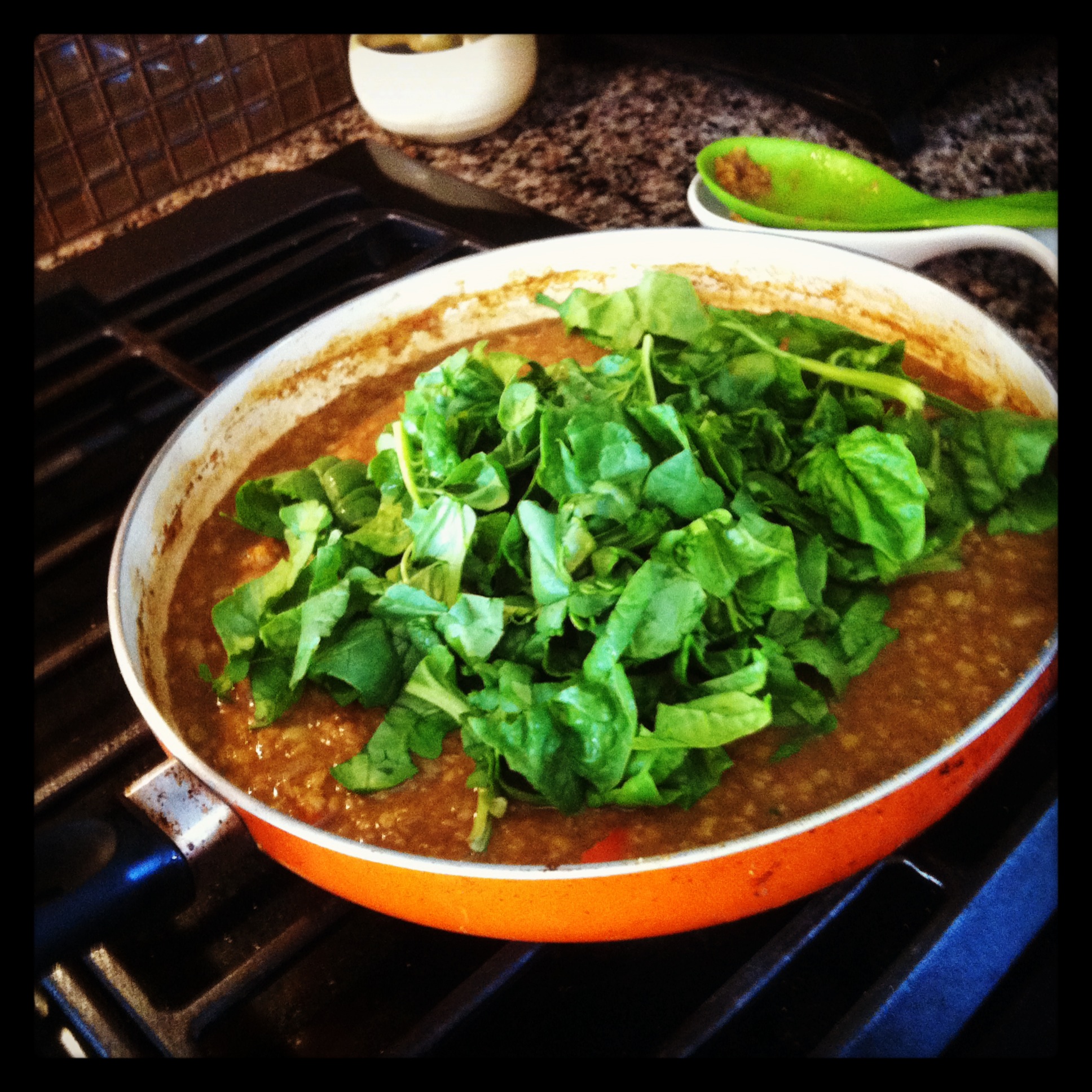 A heaping pile of spinach adds beautiful colour and wonderful nutrients to this dish.