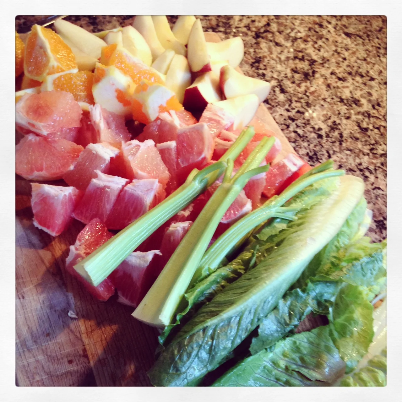 My first morning juice: apple, grapefruit, orange, celery and romaine.