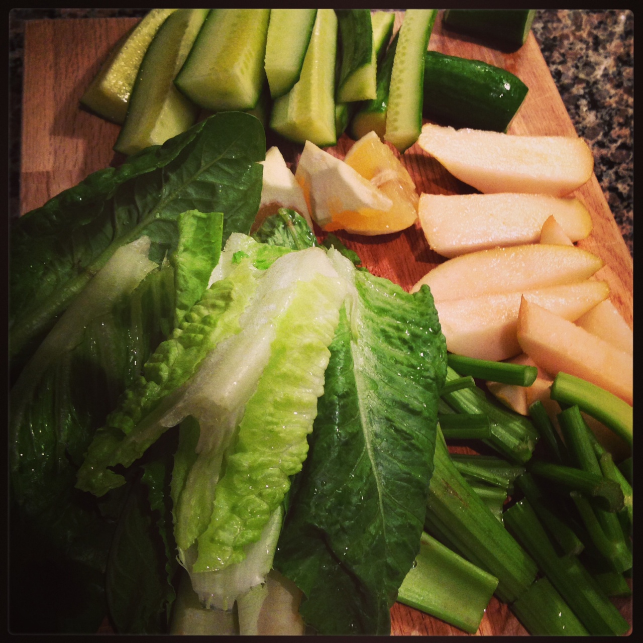 Evening green juice on Tuesday: cucumber, celery, romaine, lemon and pear.