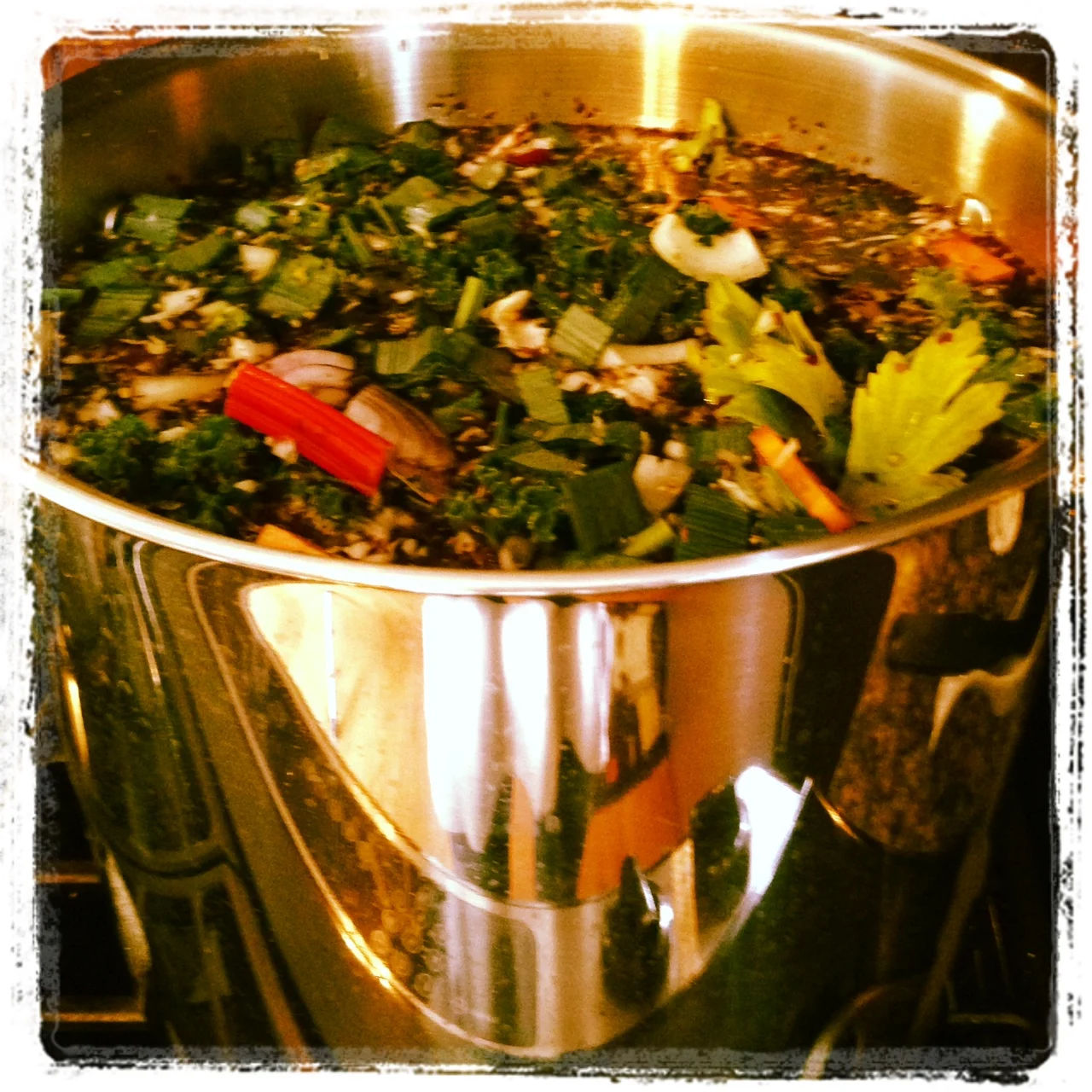 A giant pot of mineral broth in the making. Once strained, I kept half of the liquid in the fridge and froze the other half in small containers so that I could pull them out daily throughout the second half of the week.