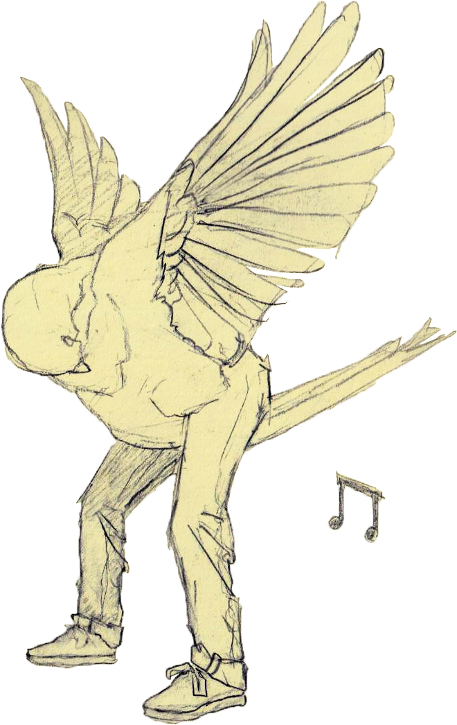 A hand-drawn sketch of a person with bird wings, standing on one leg with the other bent and resting on the ground, next to a musical note.