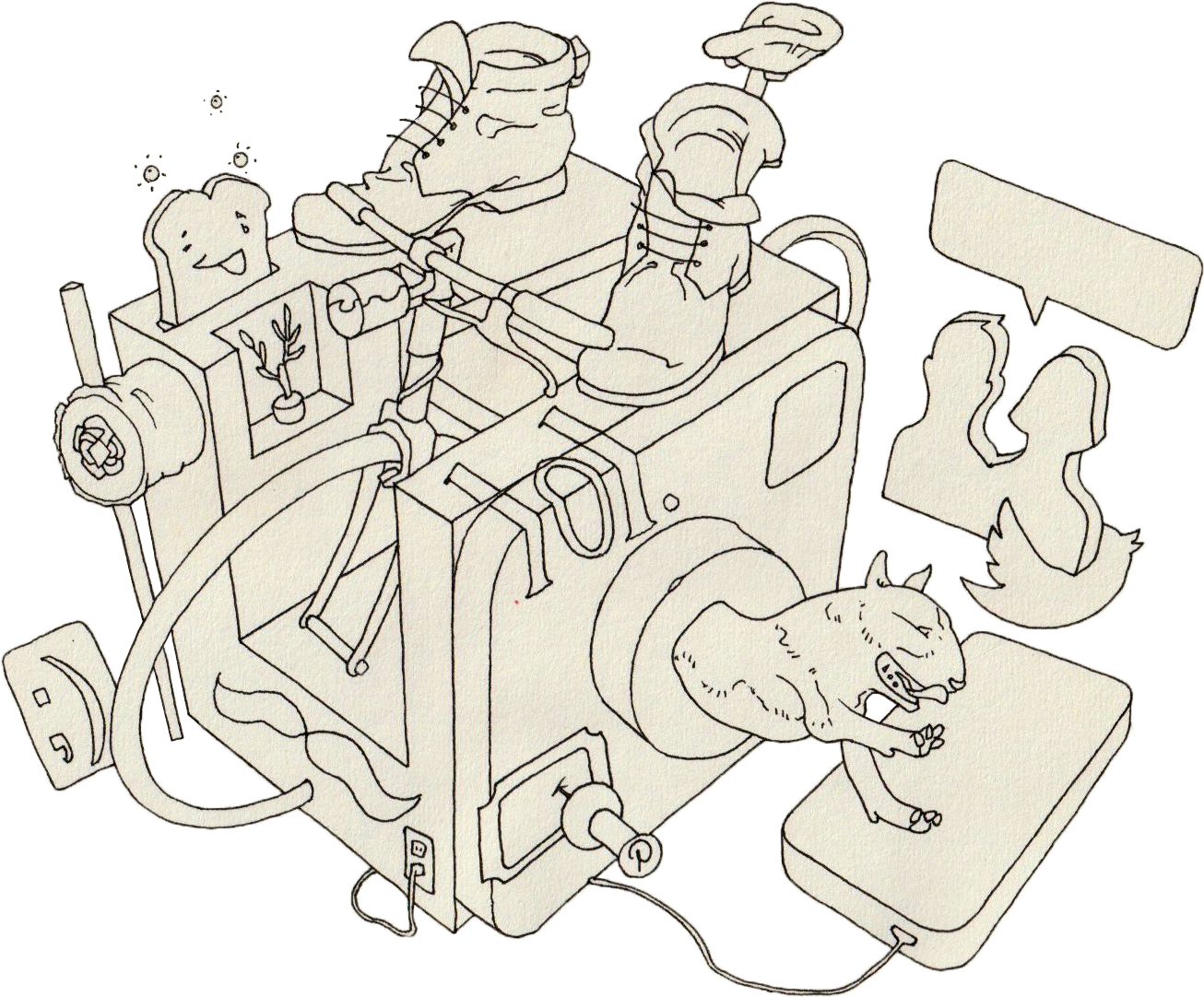 A cartoon drawing of a dog inside a washing machine, with clothes on its head. The washing machine has a loaf of bread with a face and a smiling expression on top, and a potted plant. An animated dog is lying on a platform connected to the washing machine, with a speech bubble and a closed eyes, indicating resting or sleeping.