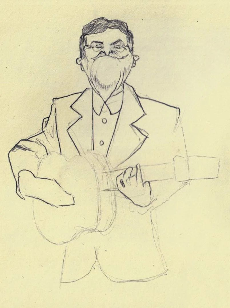A pencil sketch of a man with glasses, a beard, and mustache, wearing a suit jacket, playing an acoustic guitar.