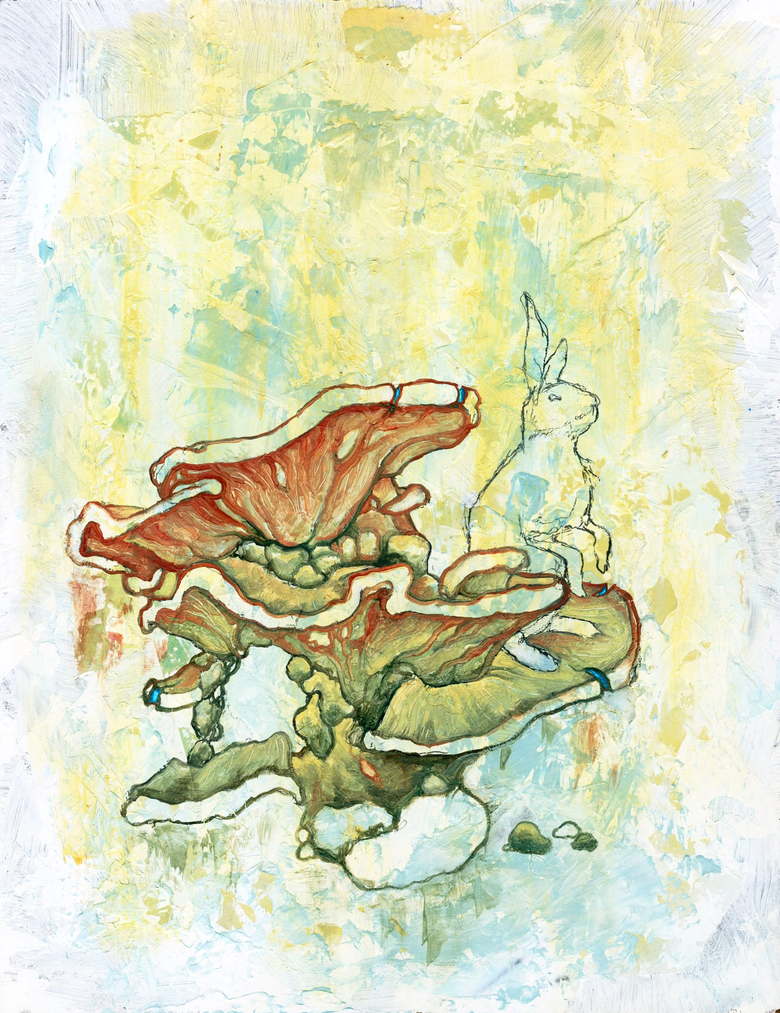 A colorful abstract painting featuring a line drawing of a rabbit with tall ears and a sketchy, whimsical style, set against a textured yellow and blue background with organic shapes and earthy tones.