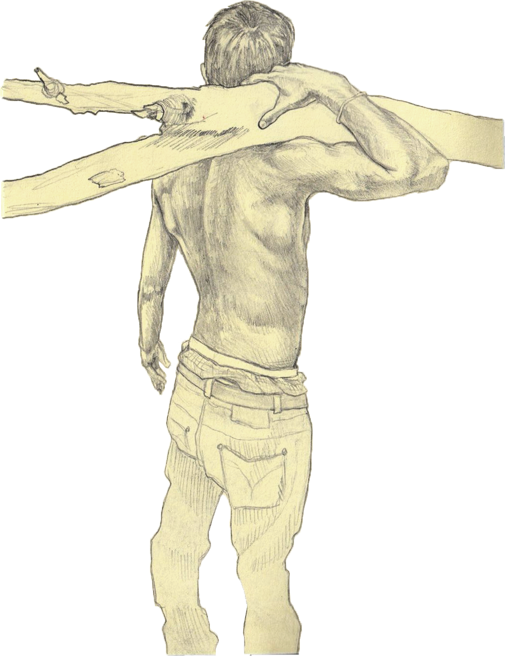 Sketch of a shirtless man with his back turned, holding a fallen tree trunk with one arm across his shoulders.