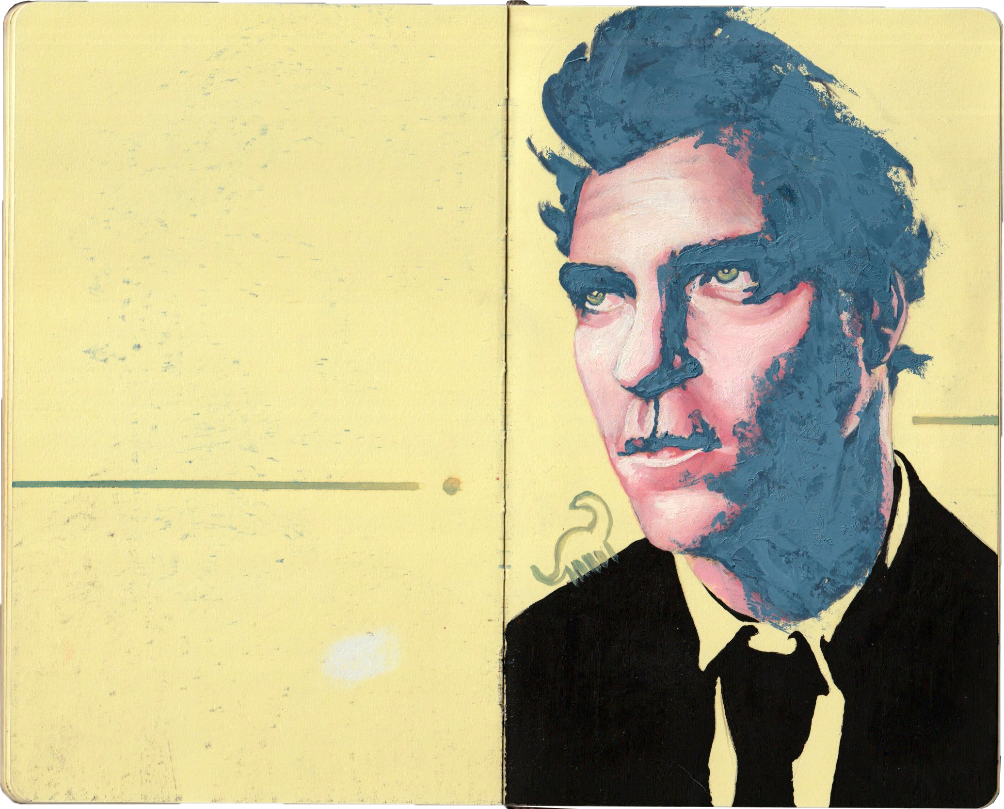 A portrait of a man with blue-tinted hair, piercing eyes, and a serious expression, in a stylized painting style. He is wearing a black suit and white shirt, with a faint image of a snake behind him.