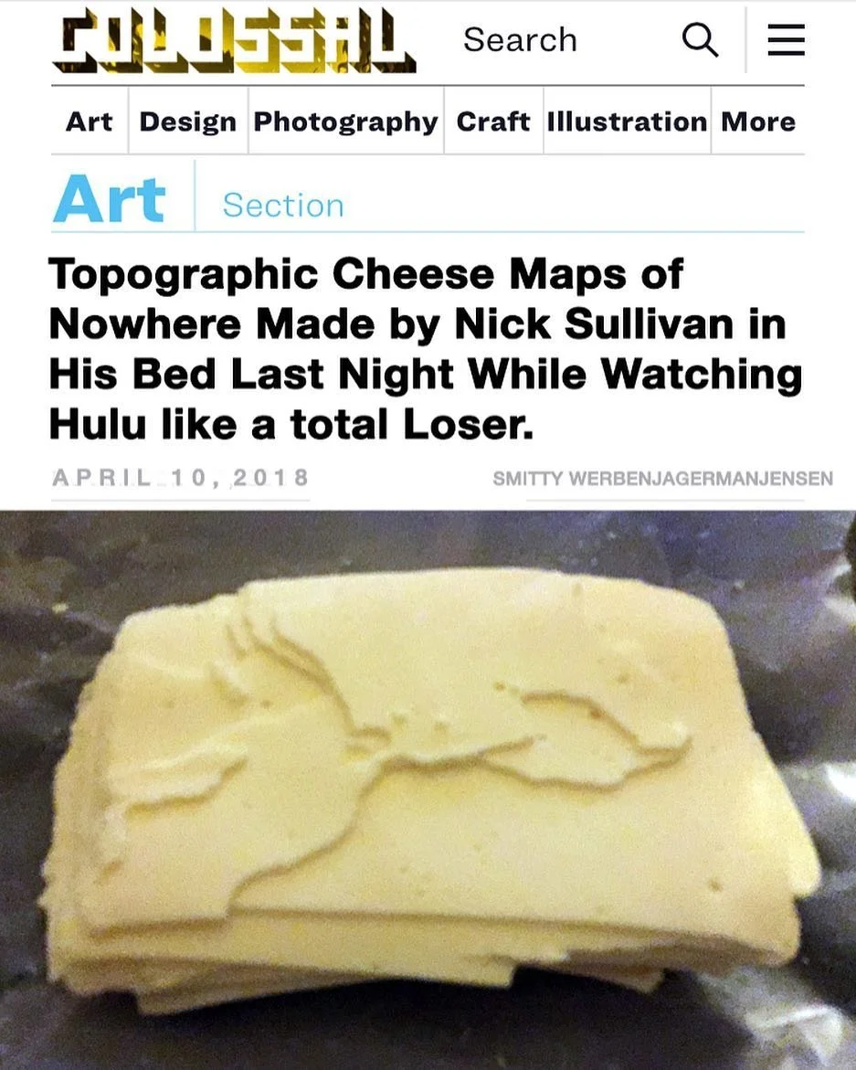 A screenshot of an online article about cheese maps, featuring a block of cheese with a carved outline of a person's face, resembling Nick Sullivan, placed on a dark surface.