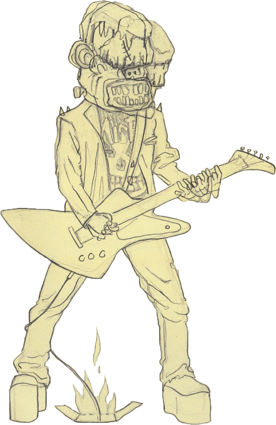 A sketch of a person with a zombie-like face, wearing a jacket and pants, playing an electric guitar.
