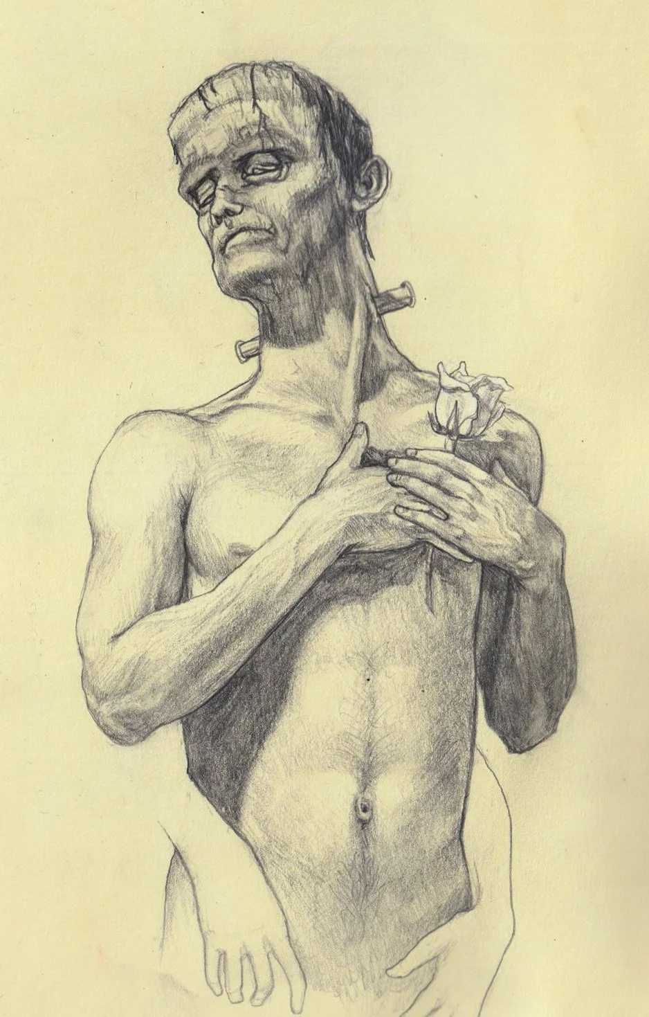 A pencil sketch of a humanoid figure with a distorted face, pierced neck, and a flower near the chest, holding its chest with one hand and with a somber expression.