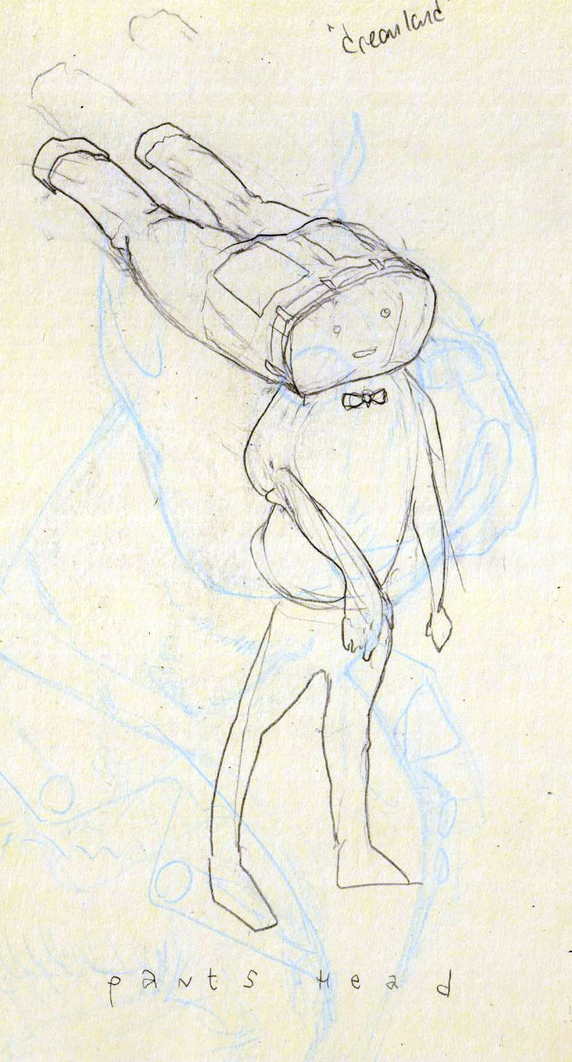A sketch of a person with a space helmet, wearing a bow tie, with long limbs and standing in a relaxed pose. The drawing is incomplete with rough lines and a small caption "pants head" at the bottom and "dream land" written near the top.