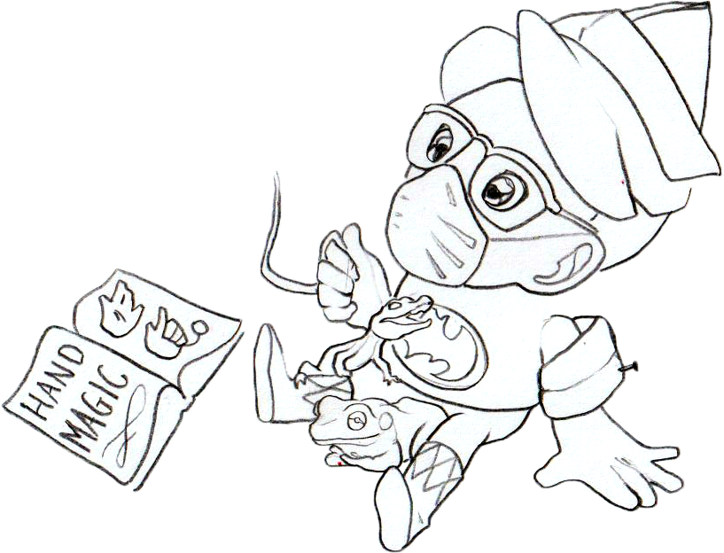 Cartoon doctor wearing glasses and a mask, sitting with a lizard and a chameleon, holding a magic wand, with a sign that reads 'Hand Magic'.