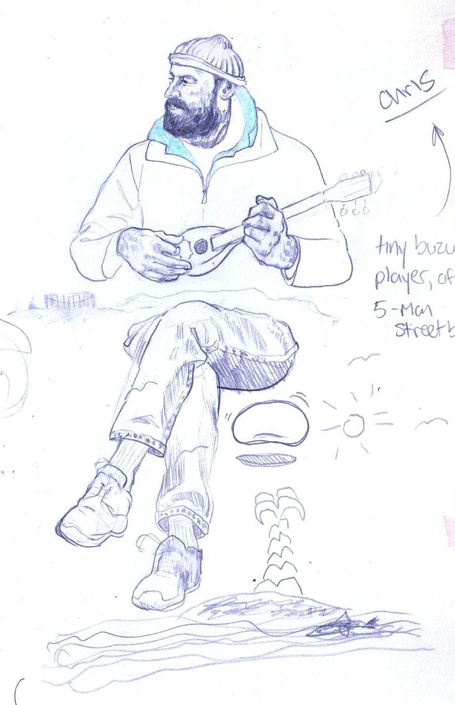 Hand-drawn sketch of a man with a beard and winter hat playing a guitar, sitting outdoors. The drawing includes notes mentioning tiny buzzy players, five-manc streets, the sun, and a small fire or campfire.