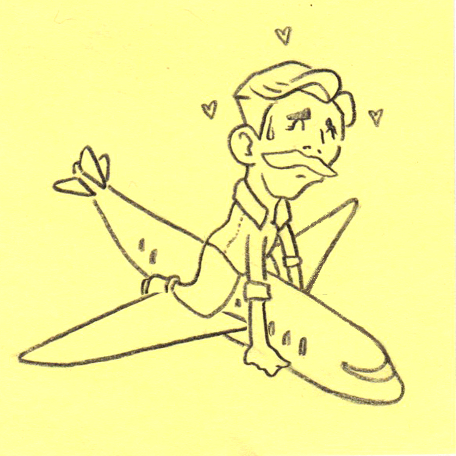 A cartoon drawing of a person with sunglasses, a mustache, and a big smile riding on a large fish with a happy expression, with small hearts and a butterfly around them.