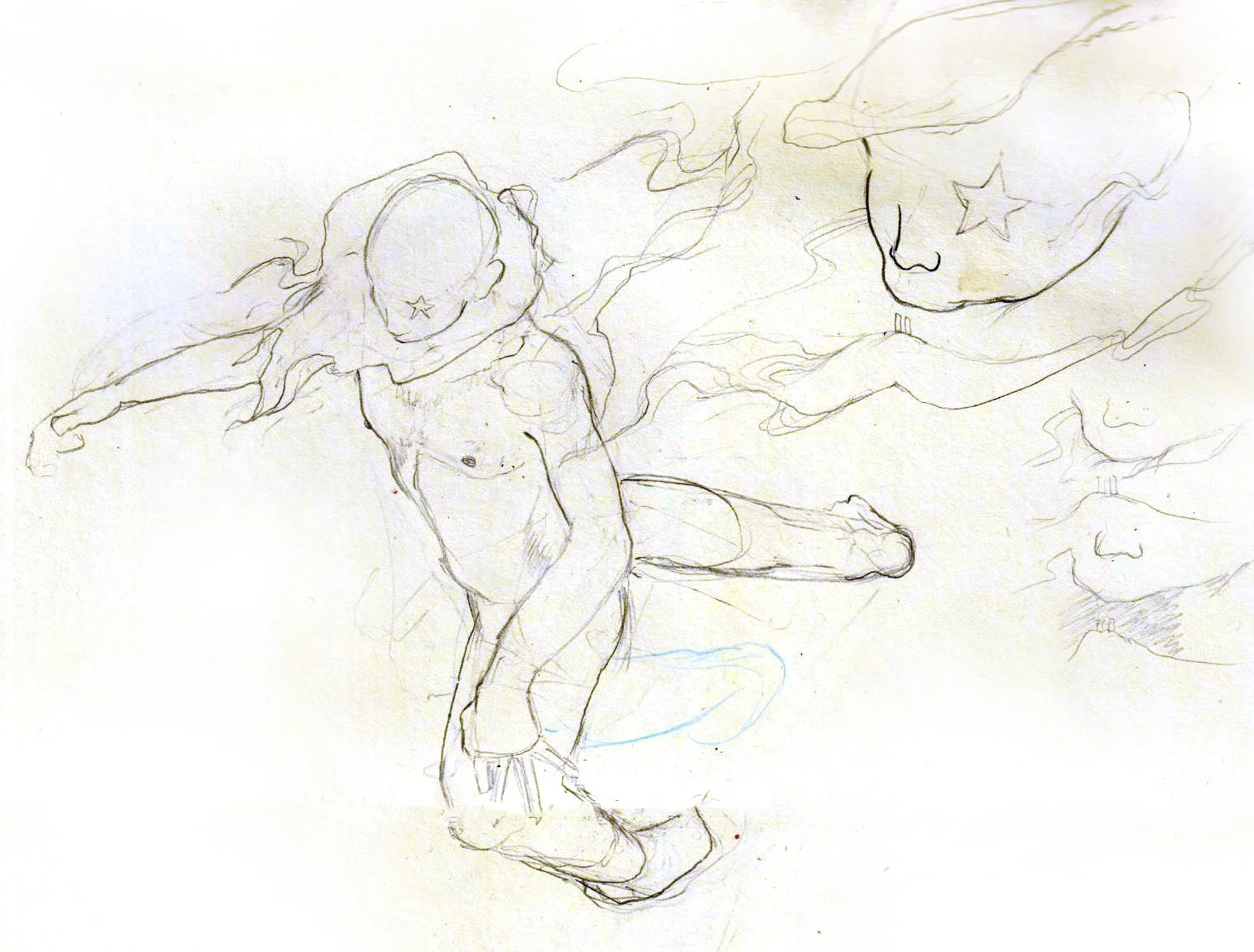 A sketch of a nude female figure floating with eyes covered by star symbols, surrounded by cloud-like shapes with star symbols.