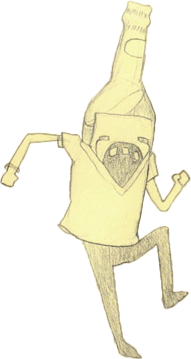 A pencil sketch of a cartoon character with a bottle-shaped head, a large open mouth, and expressive eyes. The character has a shirt, pants, and is in a dynamic pose with one arm raised and one knee bent.